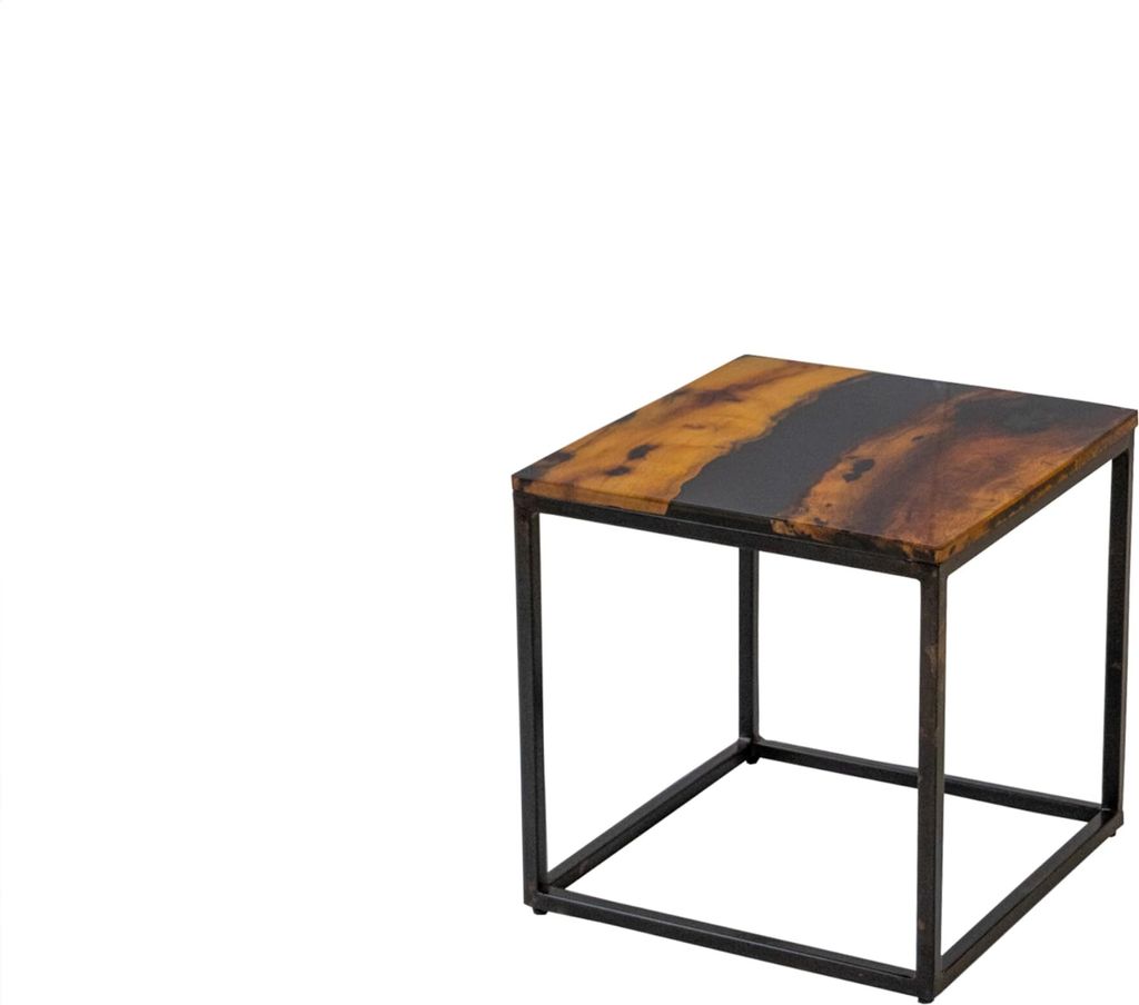 Couchtisch 45 x 45 cm Sati, mit Epoxidharz-Ader in Anthrazit, Akazienholz massiv, Sofatisch mit Eisengestell Natural, Design-Beistelltisch aus Kuns...