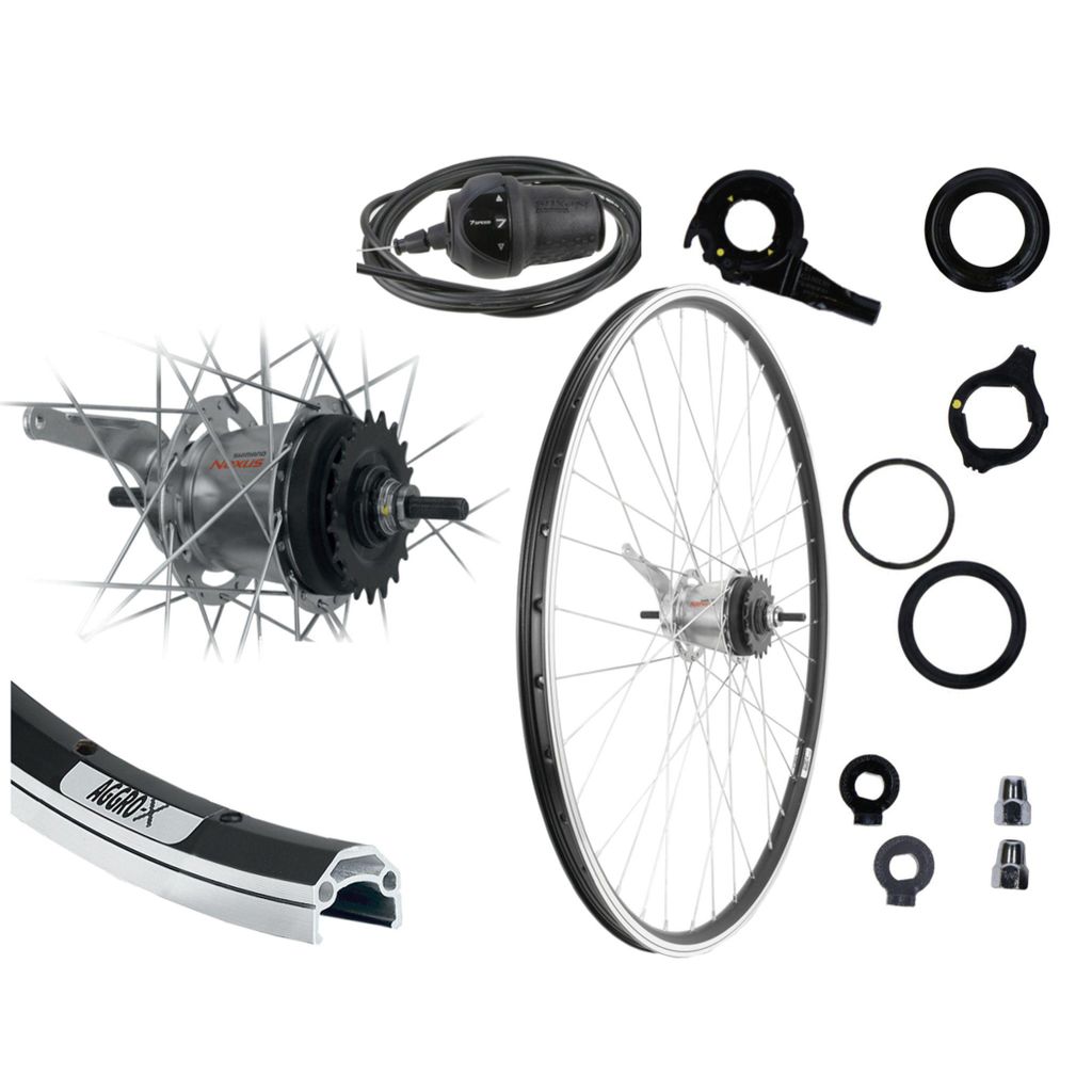 Aggro-X 28 Zoll Laufrad Hinterrad Schwarz Shimano Nexus 7 Gang Nabenschaltung mit Rücktritt + Drehgriff und Zubehör