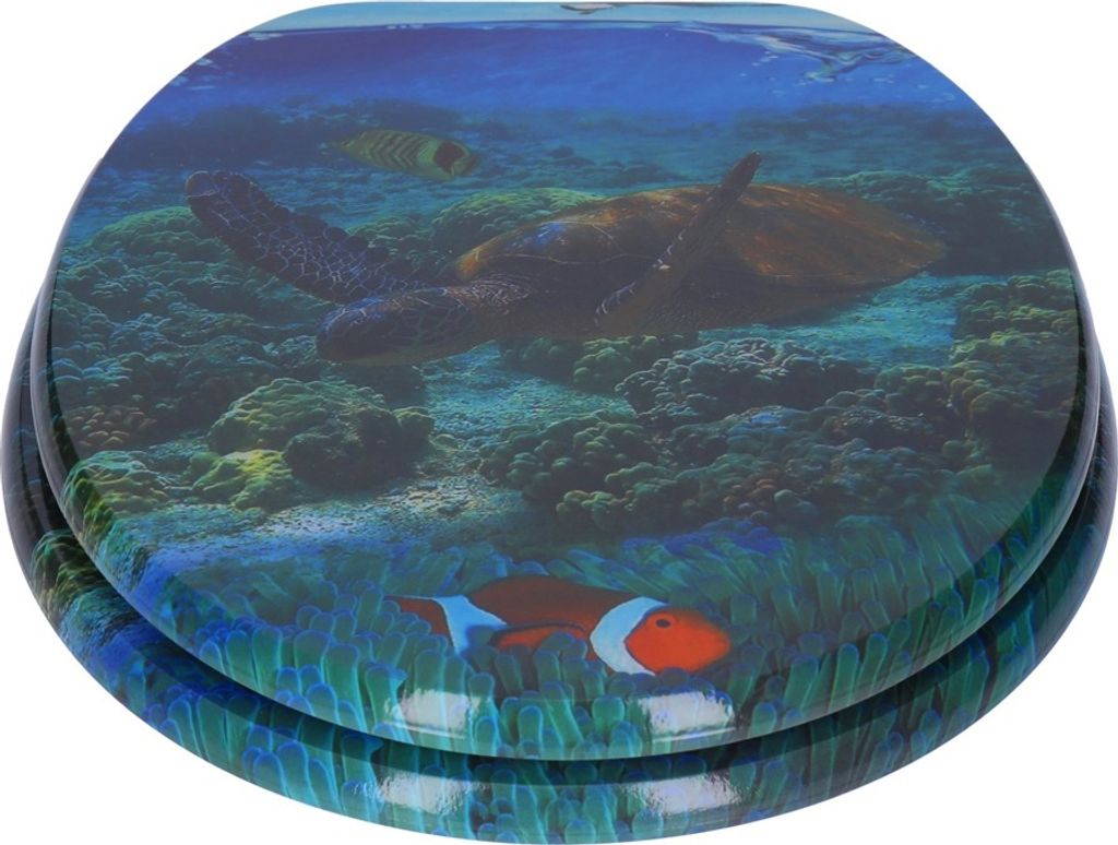 A toilet seat with an underwater scene featuring a sea turtle and clownfish.
