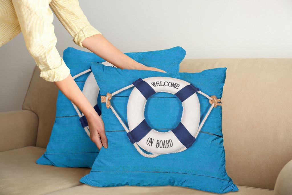 ABAKUHAUS Boje Kissenbezug Set (2Stück), Willkommen an Bord Zeichen gemalter Bauholz Wand Leben Seil gebunden Druck, 60x60cm, Marineblau Weiß Blau