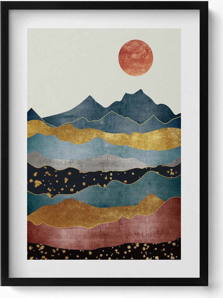 Abstrakte Landschaft mit bunten Bergen und Sonnenschein– Wandbild mit Rahmen – Gerahmtes Bild – Wanddekoration – 50x70 cm – Schwarz Rahmen