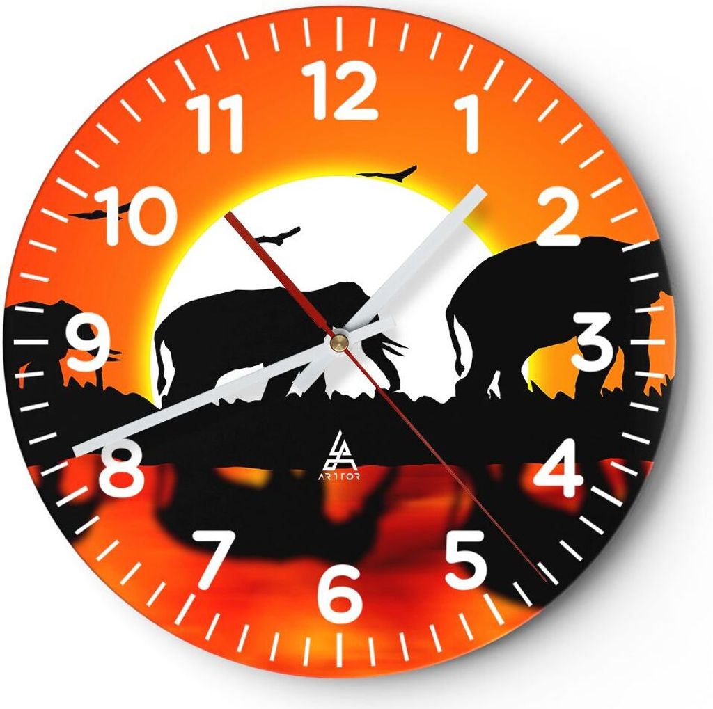 Wanduhr - Rund - Glasuhr - Tiere Afrikaner Elefanten Natur - 30x30cm - Schleichendes Uhrwerk - Lautlos - zum Aufhängen bereit - Dekoration Modern ...