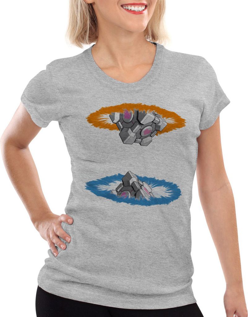 style3 Companion Cube T-Shirt Damen, Farbe:Grau meliert, Größe:S