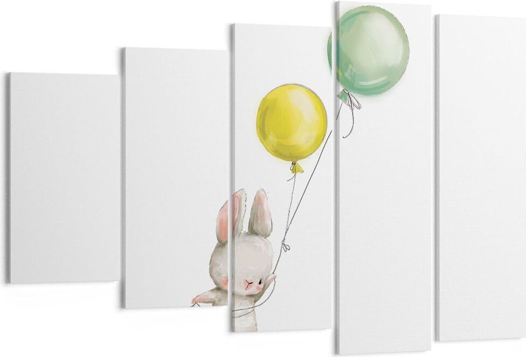 Bild auf Leinwand - Leinwandbild - 5 Teile - Häschen Luftballons Kinder - 150x100cm - Wand Bild - Wanddeko - Wandbilder - Leinwanddruck - Bilder -...