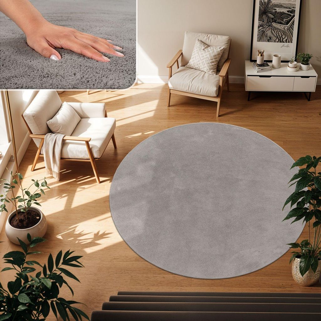 TT Home Wohnzimmer Teppich Kurzflor Anti-Rutsch Rückseite Unifarben Modern Waschbar Größe 80 cm Rund