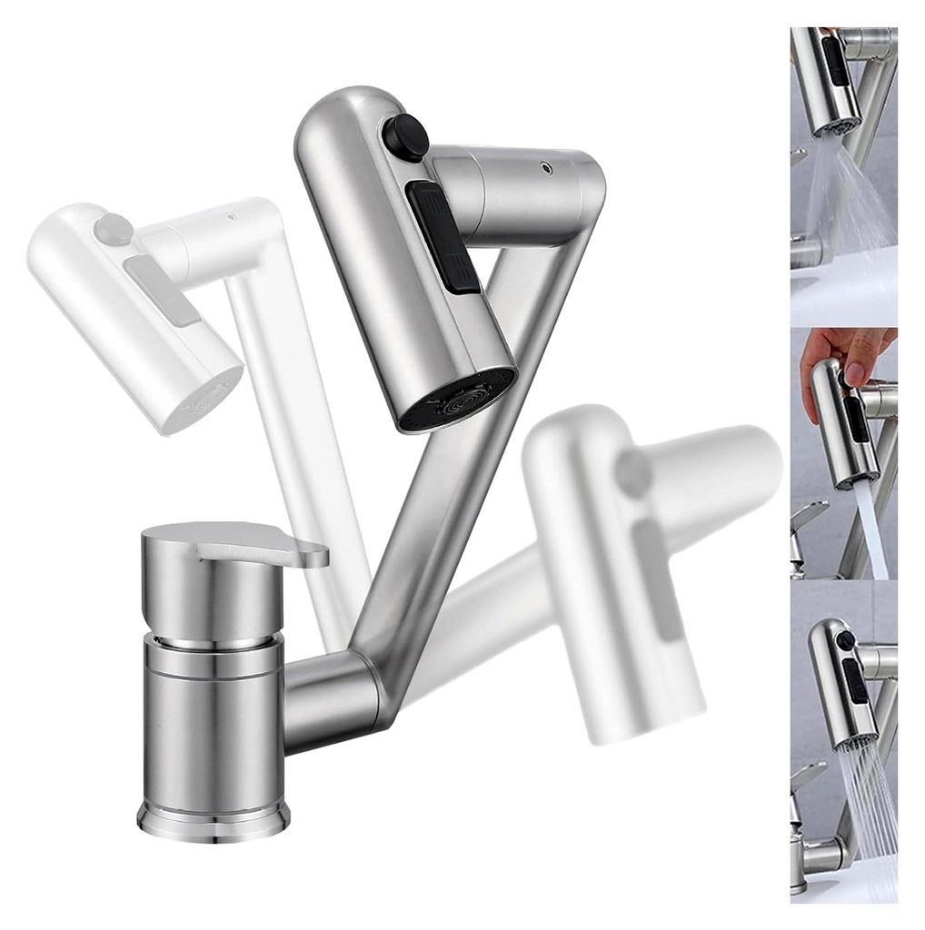 Küchenarmatur, Hochdruck Wasserhahn 360° drehbar für Unterfenster, Edelstahl 304, klappbarer Wasserhahn in gebürstetem Silber