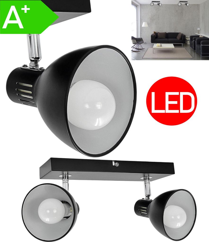 LED Retro Deckenleuchte Decken Strahler Spot Lampe Aufputz Leuchte Deckenlampe Aufbau-Lampe Downlight Drehbar 2-flammig Schwarz mit E14 Fassung