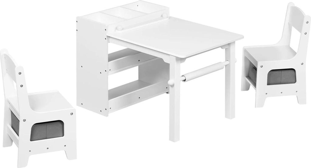 Kindertisch mit 2 Stühlen - Spiel- und Maltisch - Mit Stauraum - MDF & Kiefernholz - Tisch 79×53×50 cm - Traglast Tisch 25 kg, Stuhl 50 kg - Weiß