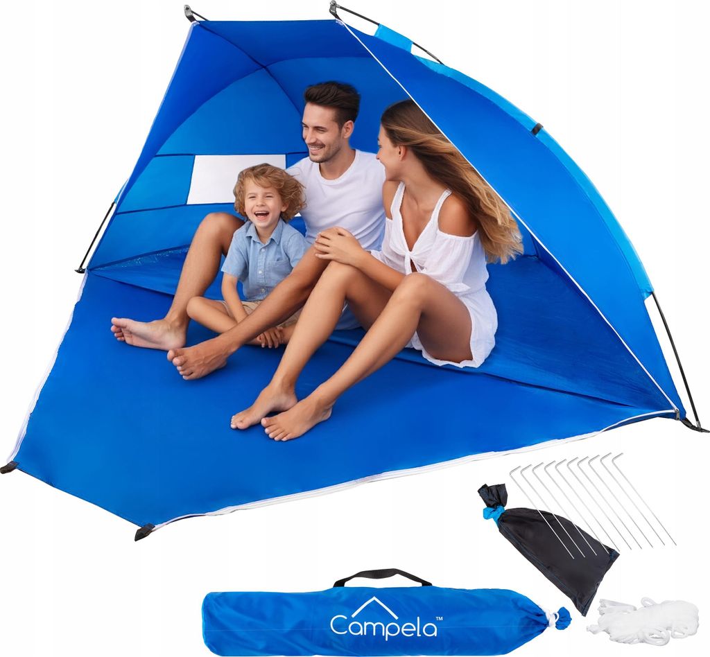 Campela Strandmuschel 2-in-1 – Große Strandmuschel mit Reißverschluss und UPF50+ Sonnenschutz – Blau