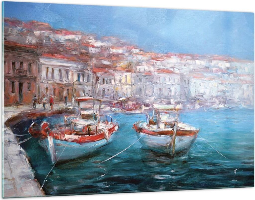 Bilder auf glas - Einteilig - Öl Boote Griechenland - 120x80cm - Glasbilder - Wandbilder - Bilder - zum Aufhängen bereit - Wanddekoration aus Gla...