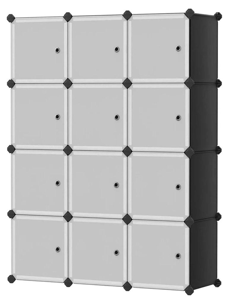 Tragbare Garderobe - 12-Würfel Kleiderschrank - Modularer Aufbewahrungsschrank - Kunststoff und Metall - Mit Türen - Selbstmontage - Schwarz
