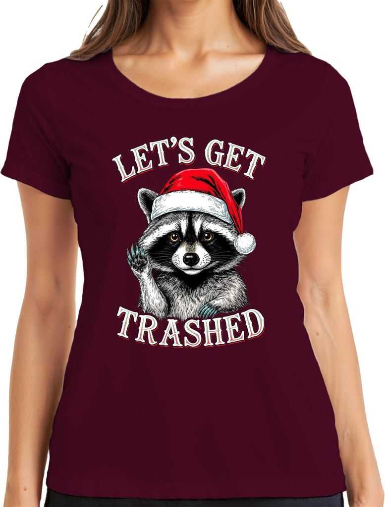 LET'S GET TRASHED Weihnachtswaschbär Weihnachtsmütze Party lustig Damen T-Shirt, Burgundy, L