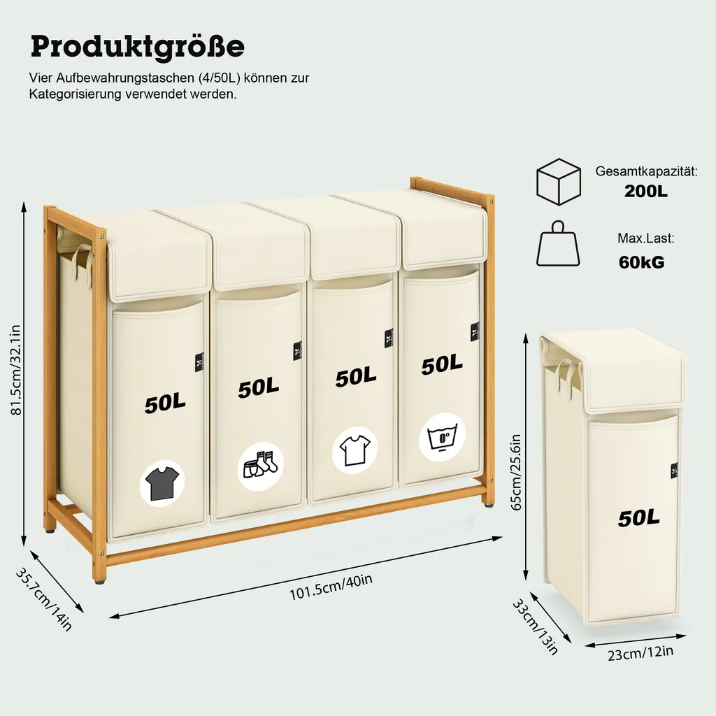 AdelDream Panier à Linge Trieur 4 Compartiments en Bambou 200L Beige