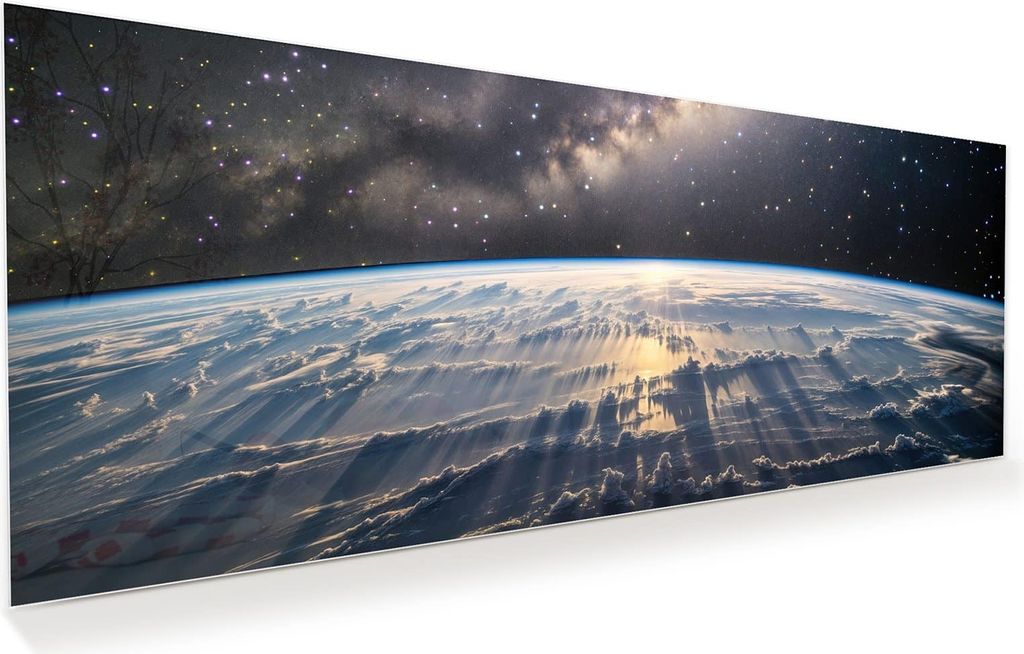 Glasbild 100x40cm in XXL für Wohnzimmer, Schlafzimmer Motiv Weltall Sonnenaufgang