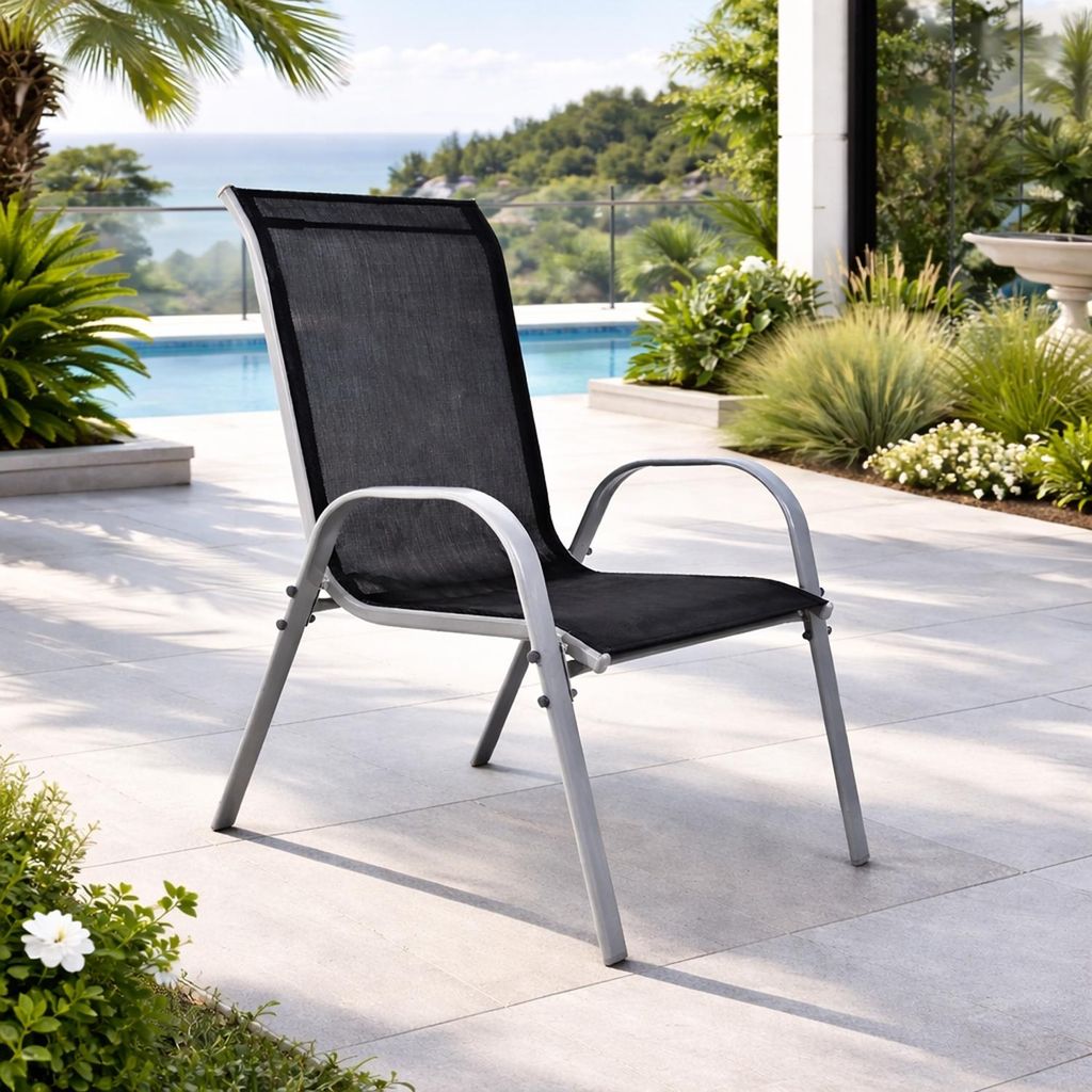 Gartenstuhl Outdoorstuhl Stapelstuhl stapelbar Metall Silber Textilen Schwarz