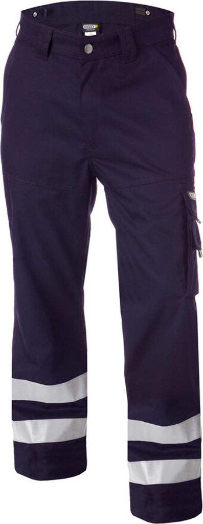 A pair of dark blue work pants with reflective stripes at the bottom.