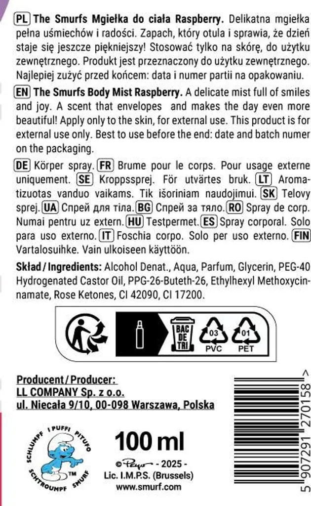 Spray Corpo LL I Puffi al Lampone 100ml - Scheda Tecnica e Vendita - 2