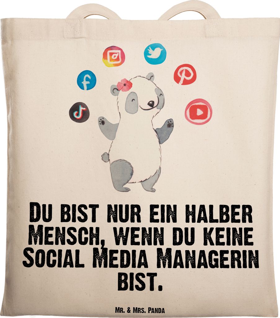 Mr. & Mrs. Panda Tragetasche Social Media Managerin Herz - Transparent - Geschenk, Schultasche, Tasche, Laptoptasche, Uni, Jutebeutel, tragbeutel