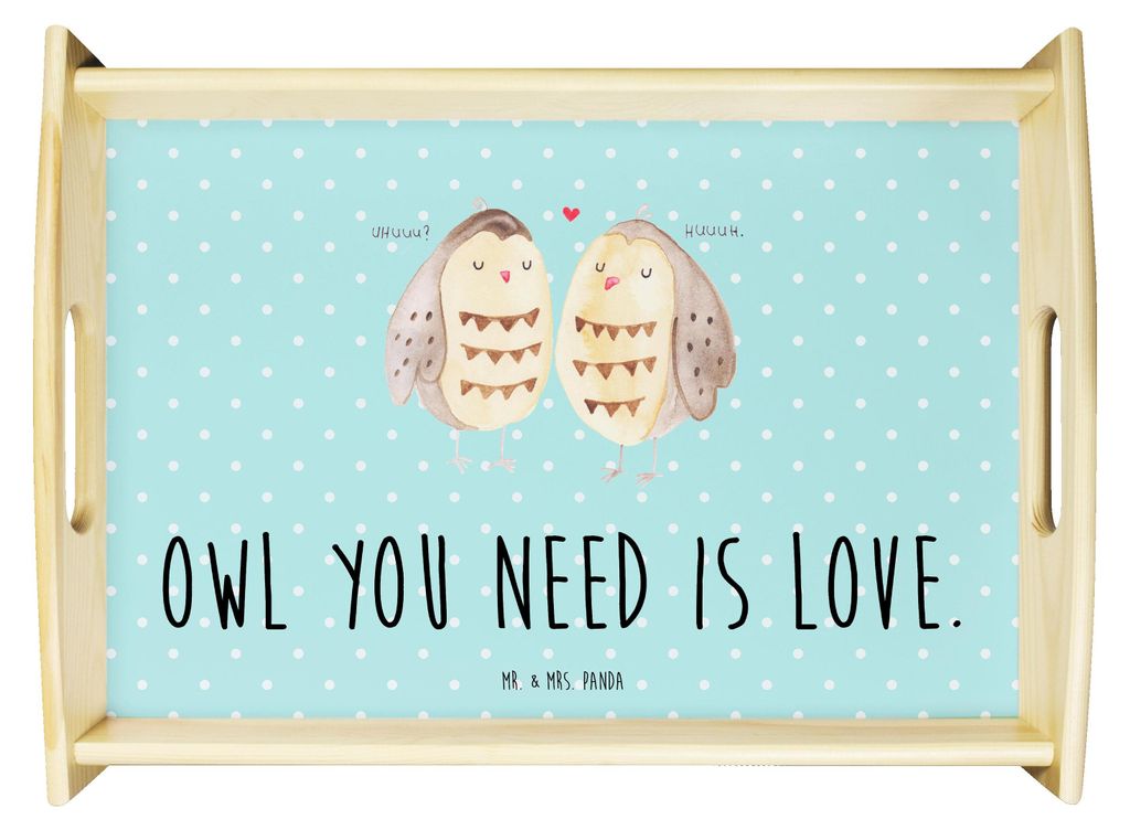 Mr. & Mrs. Panda tablett holz Eulen Liebe - Türkis Pastell - Geschenk, Eule, betttablett, sofatablett, Sofa, Holztablett, Deko, Owl, glücklich