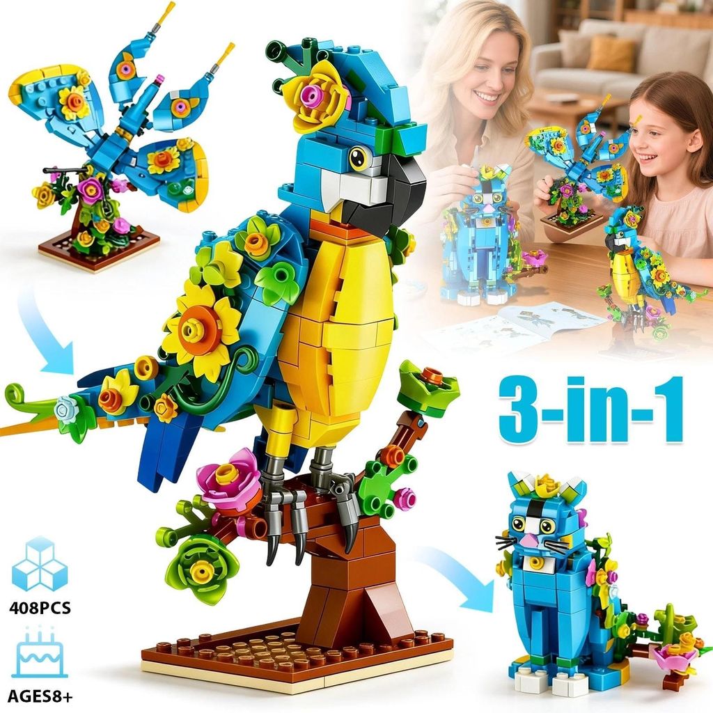 3-in-1 Blumen Papagei Schmetterling Bausteine Set 408 Teile Kunstdeko Geschenk