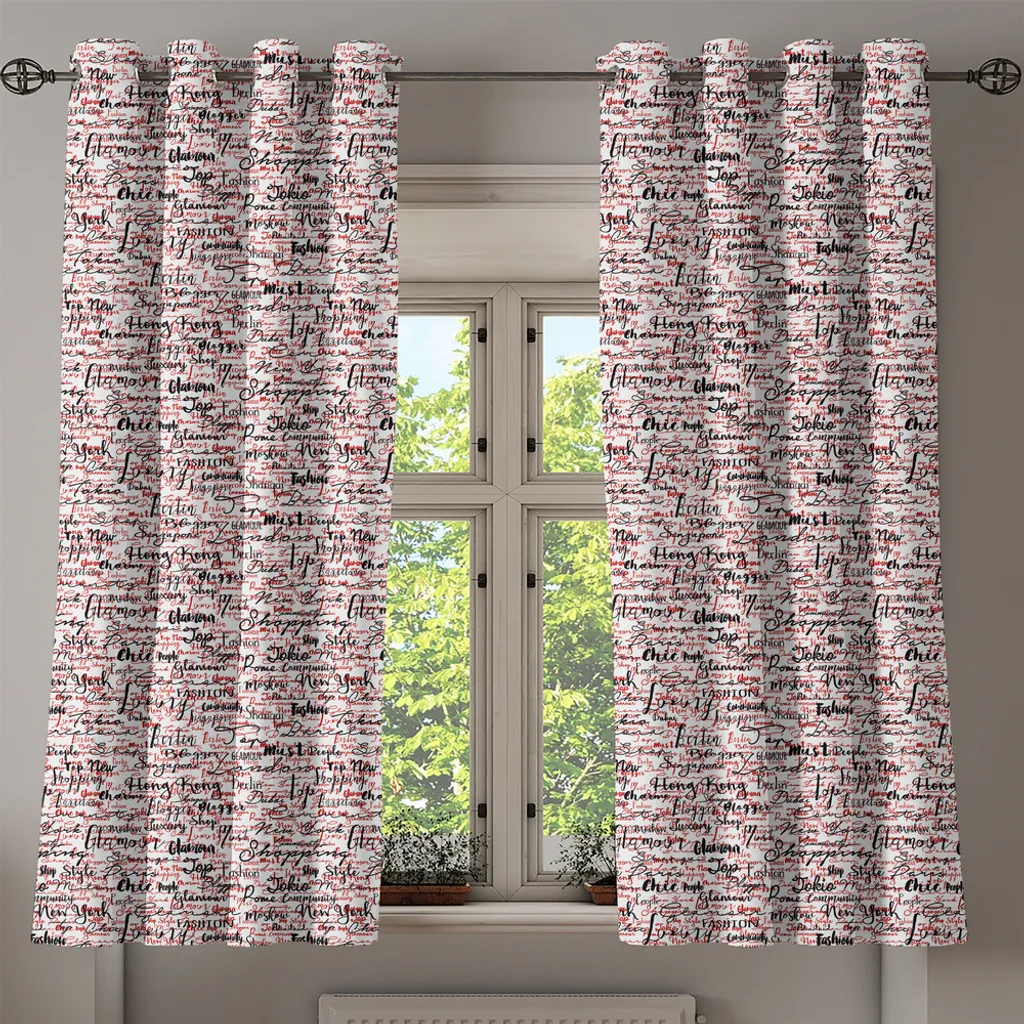 ABAKUHAUS Tenda moderna con occhielli, grafica con parole di fantasia alla moda scritte a mano con inchiostro sulle capitali rurali più famose, tende decorative a 2 pannelli per finestre, 280 cm x 245 cm, nero bianco rosso - 2
