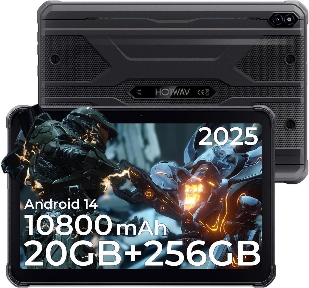 A rugged tablet with a gaming-themed wallpaper displayed on the screen, and the back of the tablet is shown above.