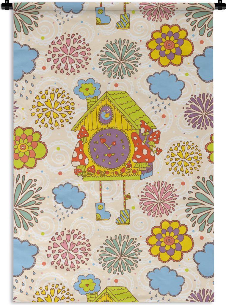 MuchoWow Wandteppich Wandbehang Kuckucksuhr - Muster - Pilz - Blumen 90x135 cm Tapisserie Dekoration Wandtuch - Baumwolle - Wandskulptur