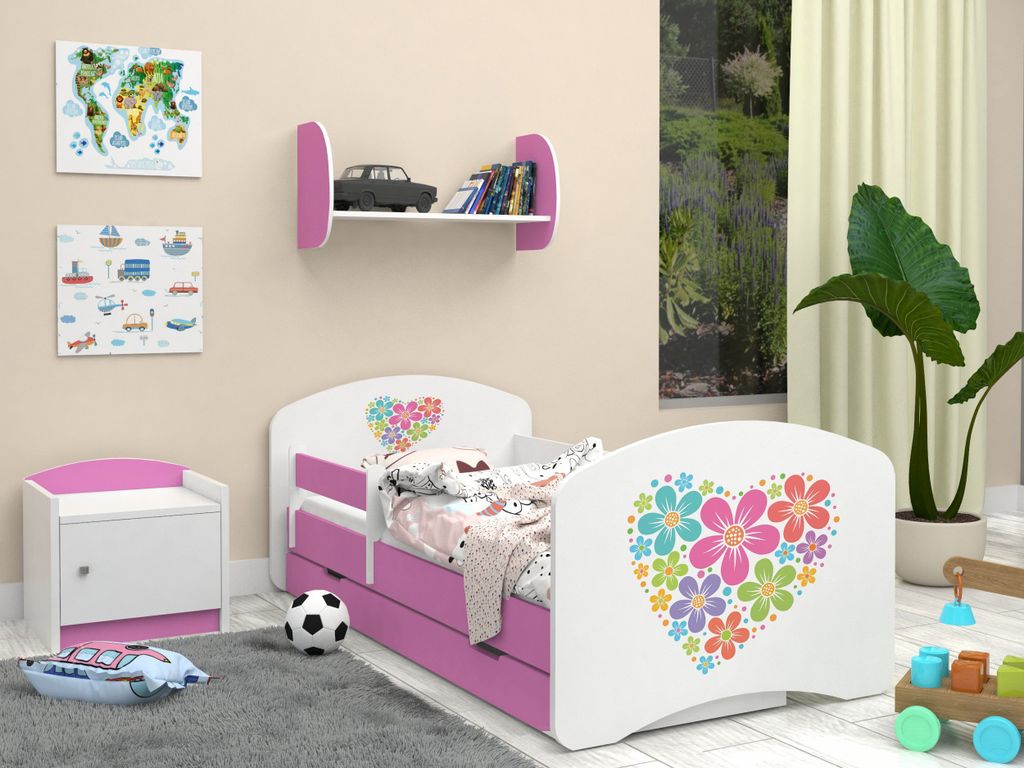 Happy Babies Kinderbett - Mit Matratze & Schublade und Rausfallschutz, 70x140, Mädchen Kinderbetten & Jugendbett Jungen Kids Bed
