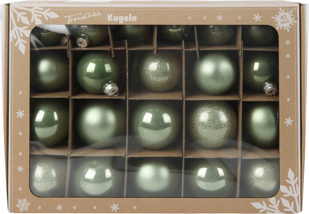 TrendLine Weihnachtskugeln aus Glas Ø 5 cm,6 cm,7 cm salbei grün 42 Stück