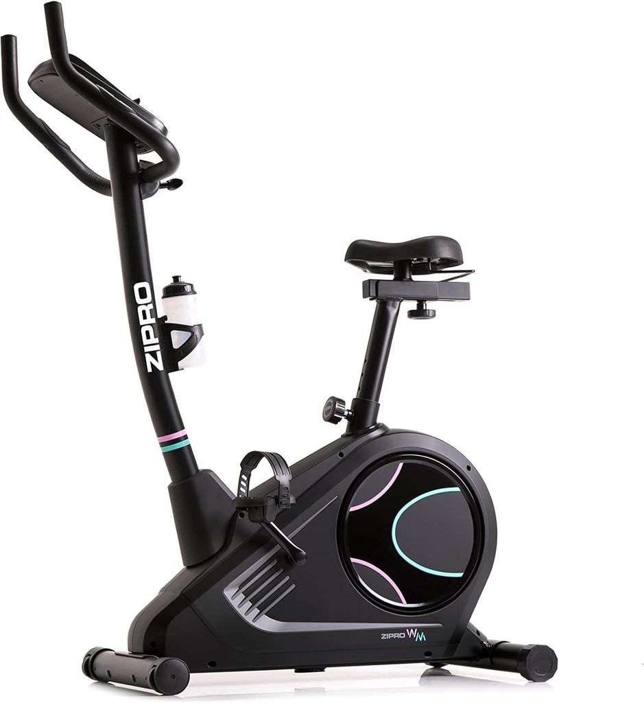 A black exercise bike with a water bottle holder, shown against a white background.