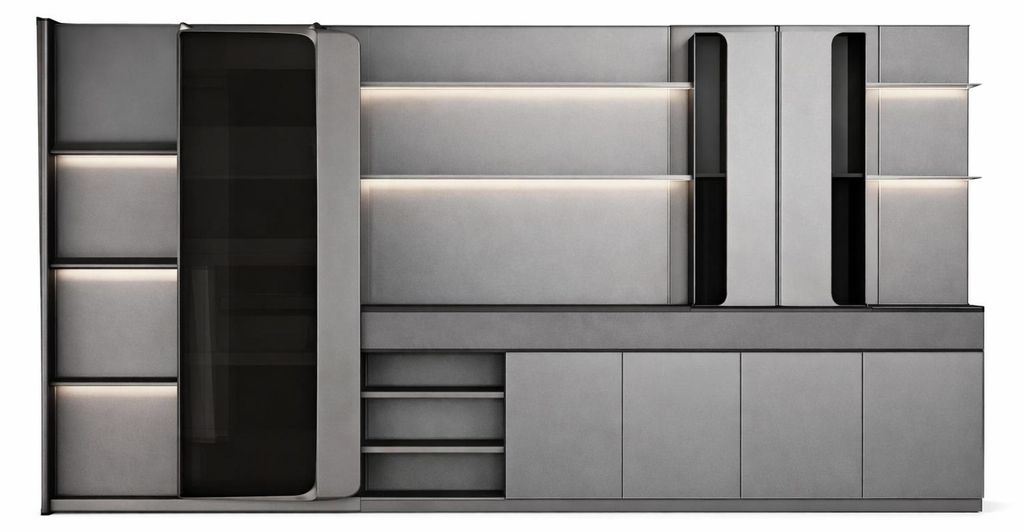 Modularer Büroschrank mit LED-Beleuchtung und eleganter Glasfront