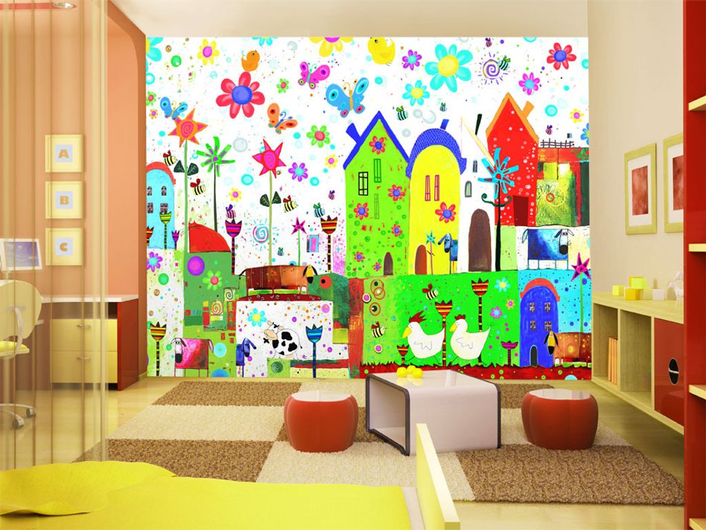 Vlies Fototapete Abstrakt 400x280 cm Tapeten Wandtapete XXL Stadt Häuser Blumen Tiere Schmetterling Vogel bunt 10110901-3