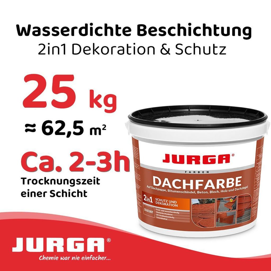 Jurga Dachfarbe Ziegelrot 25kg, Sockelfarbe WASSERDICHT, Fassadenfarbe für Außen, Dachbeschichtung für Blechdach, Bitumen, Dachpappe, Schindeln,...