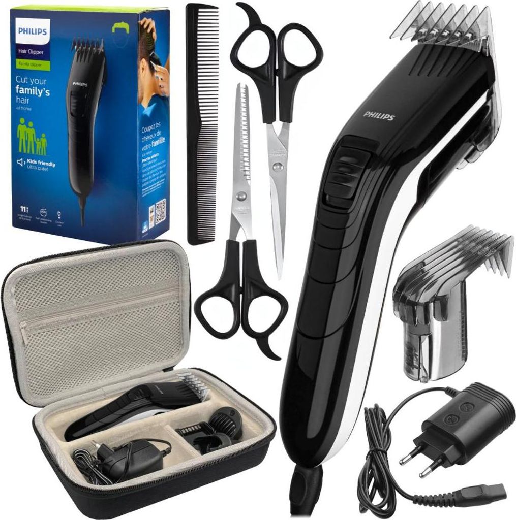 Philips QC5115/15 Rasierapparat + Schwarzes Etui für Rasierapparat und Rasiermesser + Friseurset (2 Scheren + Kamm)