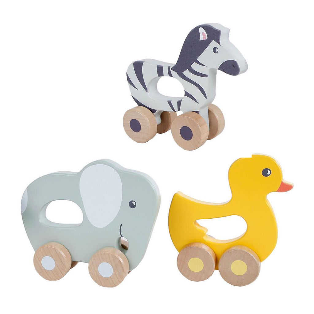 Holzfiguren-Set mit Elefant, Ente und Zebra, auf Rädern, 13 cm groß