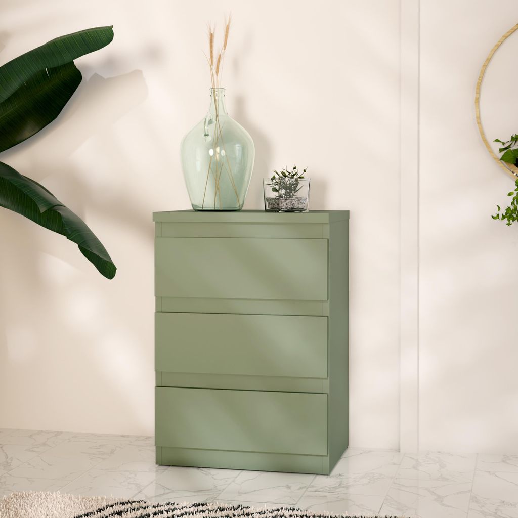 Forte EDMORE Kommode 40 45, moderner Nachttisch mit 3 Schubladen, Beistelltisch, Holzwerkstoff, Salbei, 41,8 cm breit x 61,5 cm hoch x 32,2 cm tief
