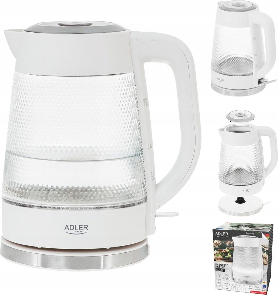 A collage of images showing a glass electric kettle, its components, and its packaging.