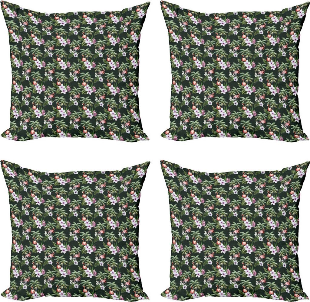 ABAKUHAUS Tropisch Kissenbezug Set (4 Stück), Exotische Flamingo Blumenstrauß, Moderner Doppelseitiger Digitaldruck, 60 cm x 60 cm, Jägergrün M...