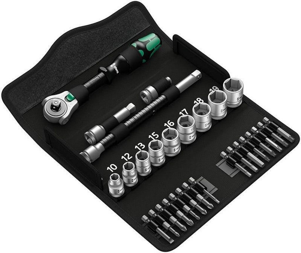 A Wera Zyklop Speed-Ratchet set laid out in its case.