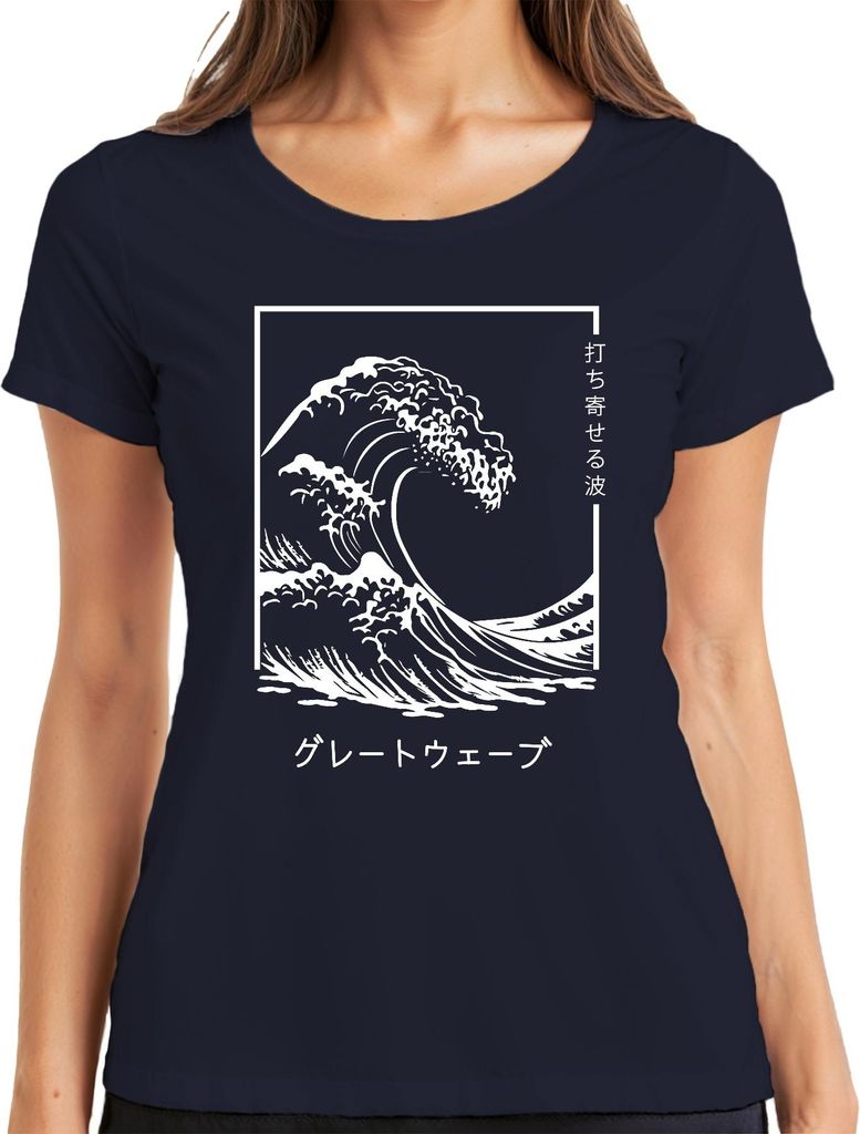 japanische Welle グレートウェーブ Vintage Ukiyoe Surfer Maritim Zen retro Damen T-Shirt, Navy, XL