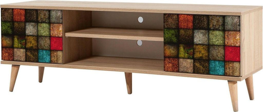 Fernsehschrank Dfantacc, Ständer für Wohnzimmerfernseher, Niedriges Wohnzimmer-Sideboard, TV-Ständerbasis, 140x40h50 cm, Eiche und Multicolor
