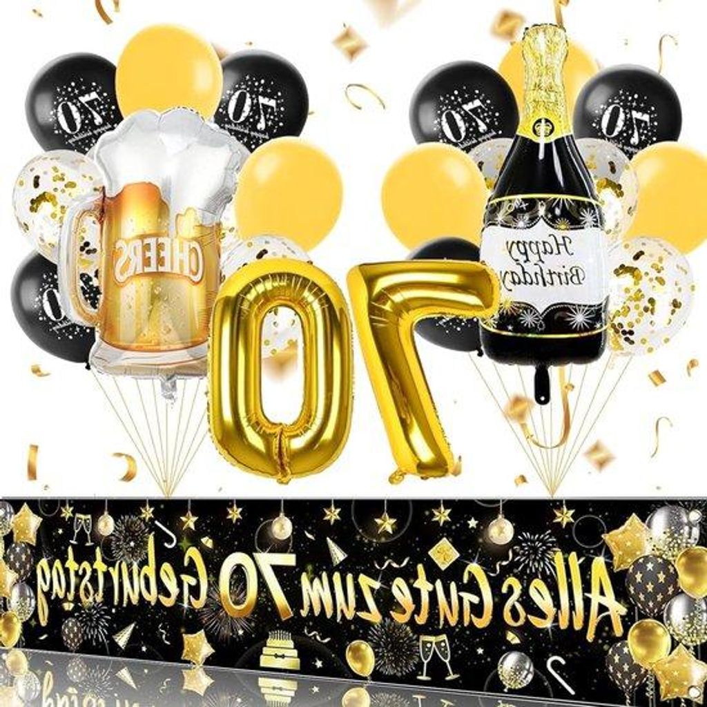 Geburtstagsdeko 70. Schwarz Gold Banner Ballons Zahlen