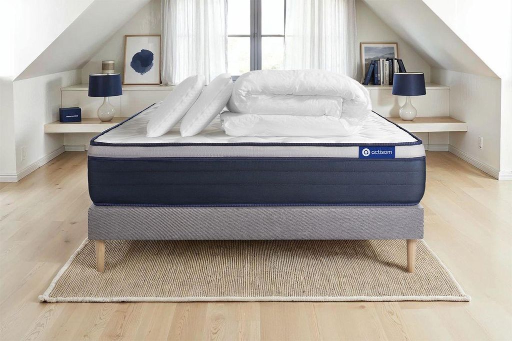 Komplettpaket Bett - Matratze 140x190 cm + Boxspringbett mit Lattenrost (im Set) + 2 Kopfkissen + Bettdecke - Actiflex Max