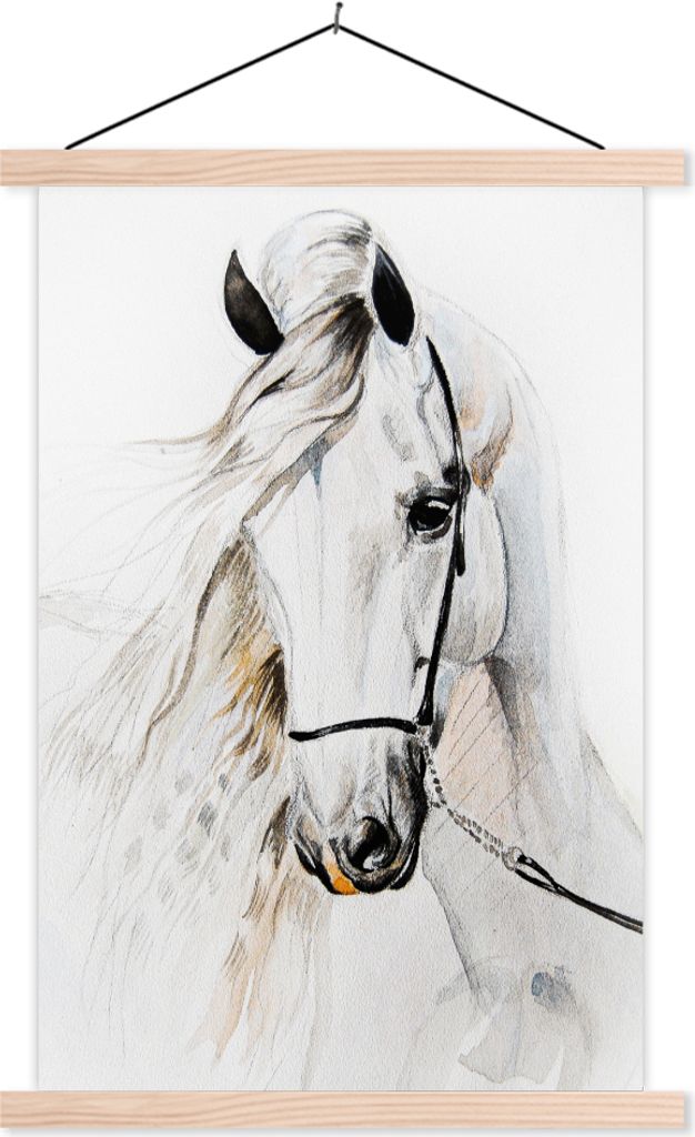 MuchoWow Textilposter Pferd - Aquarell - Tiere - Weiß 40x60 cm mit holzfarbenen Rahmen - Poster