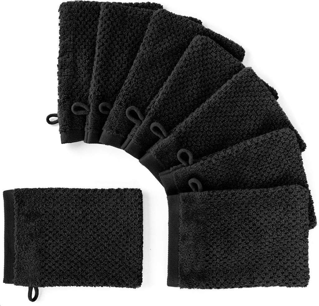 Pure Label 8-TLG Waschhandschuh Waschlappen Set mit Anhängeschlaufe aus 100% Baumwolle, saugstarkund weich | 8 Waschlappen 16x21cm, Schwarz