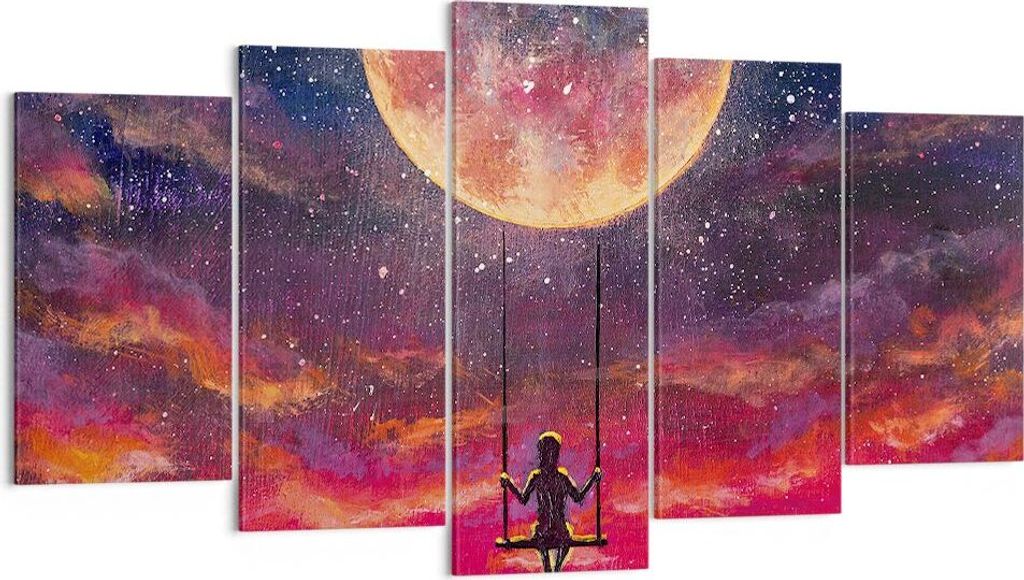 Bild auf Leinwand - Leinwandbild - 5 Teile - Mond Schaukel Frau - 160x85cm - Wand Bild - Wanddeko - Wandbilder - Leinwanddruck - Bilder - Wanddekor...