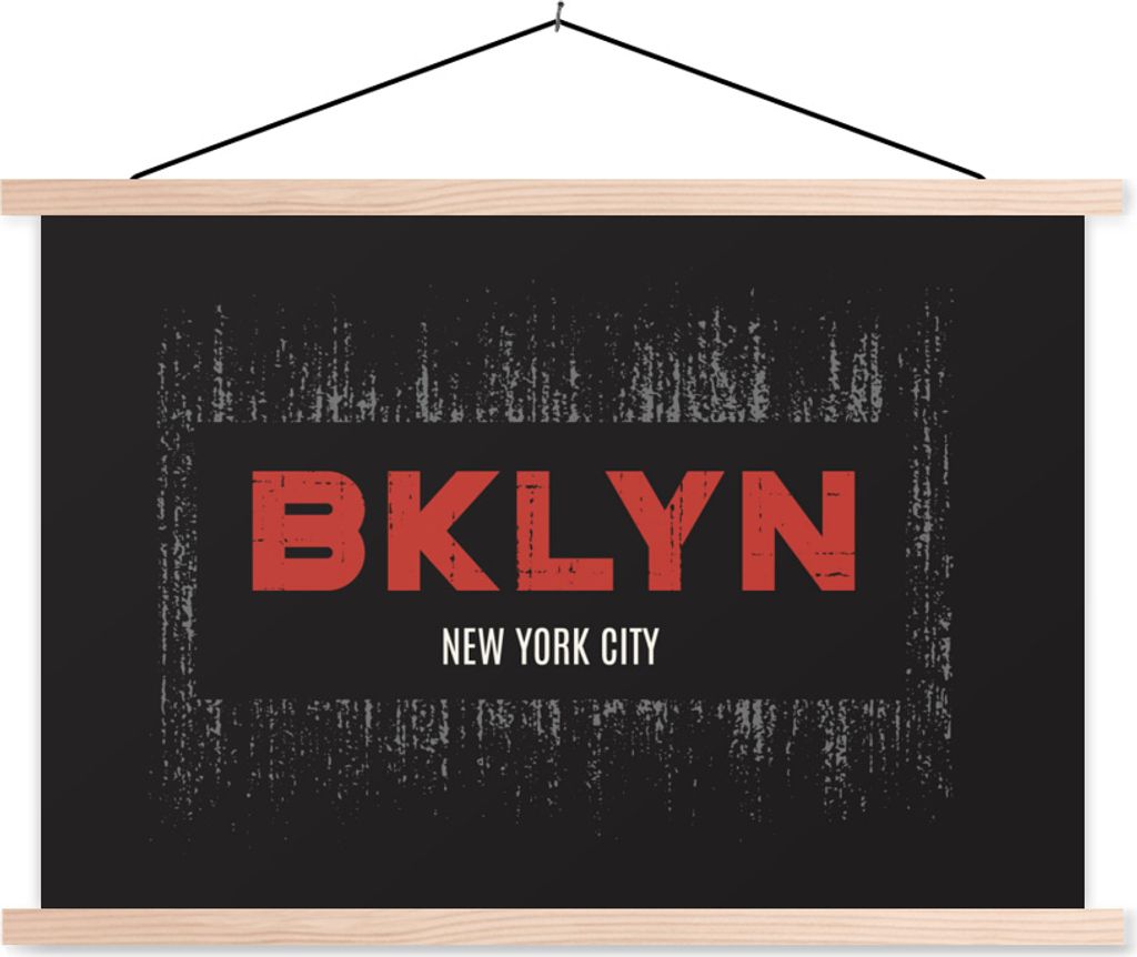 MuchoWow Textilposter New York - Brooklyn - Schwarz 120x80 cm mit holzfarbenen Rahmen - Aufhängeset