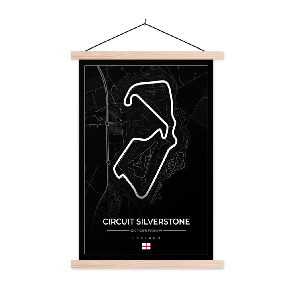MuchoWow Textilposter Rennsport - England - Rennstrecke - Silverstone - Schwarz 60x90 cm mit holzfarbenen Rahmen - Textil