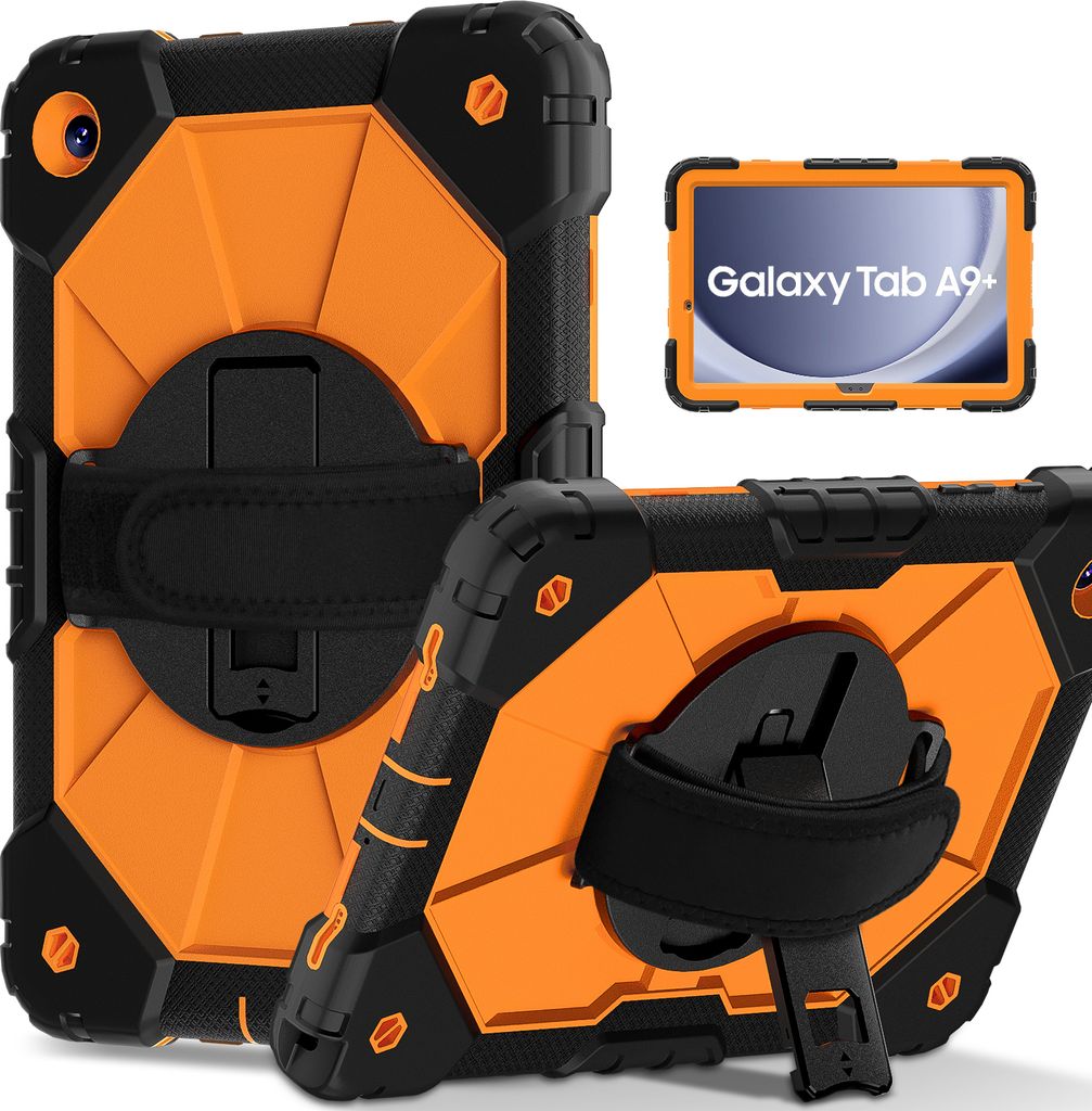 Hülle für Samsung Galaxy Tab A9 Plus /Tab A9+ 11" 2023 Tablette Schutzhülle Stoßfeste mit 360 Drehbarer Handschlaufe/Ständer Schwarz Orange