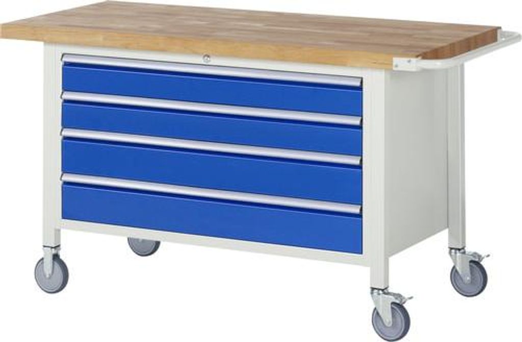 Mobile Werkbank mit 4 XXL Schubladen - Teilauszug - 120:2 / 150:2 - höhenverstellbar 880-1.080 mm - 1.500 x 700 mm (BxT) - Traglast 450 kg - Buche